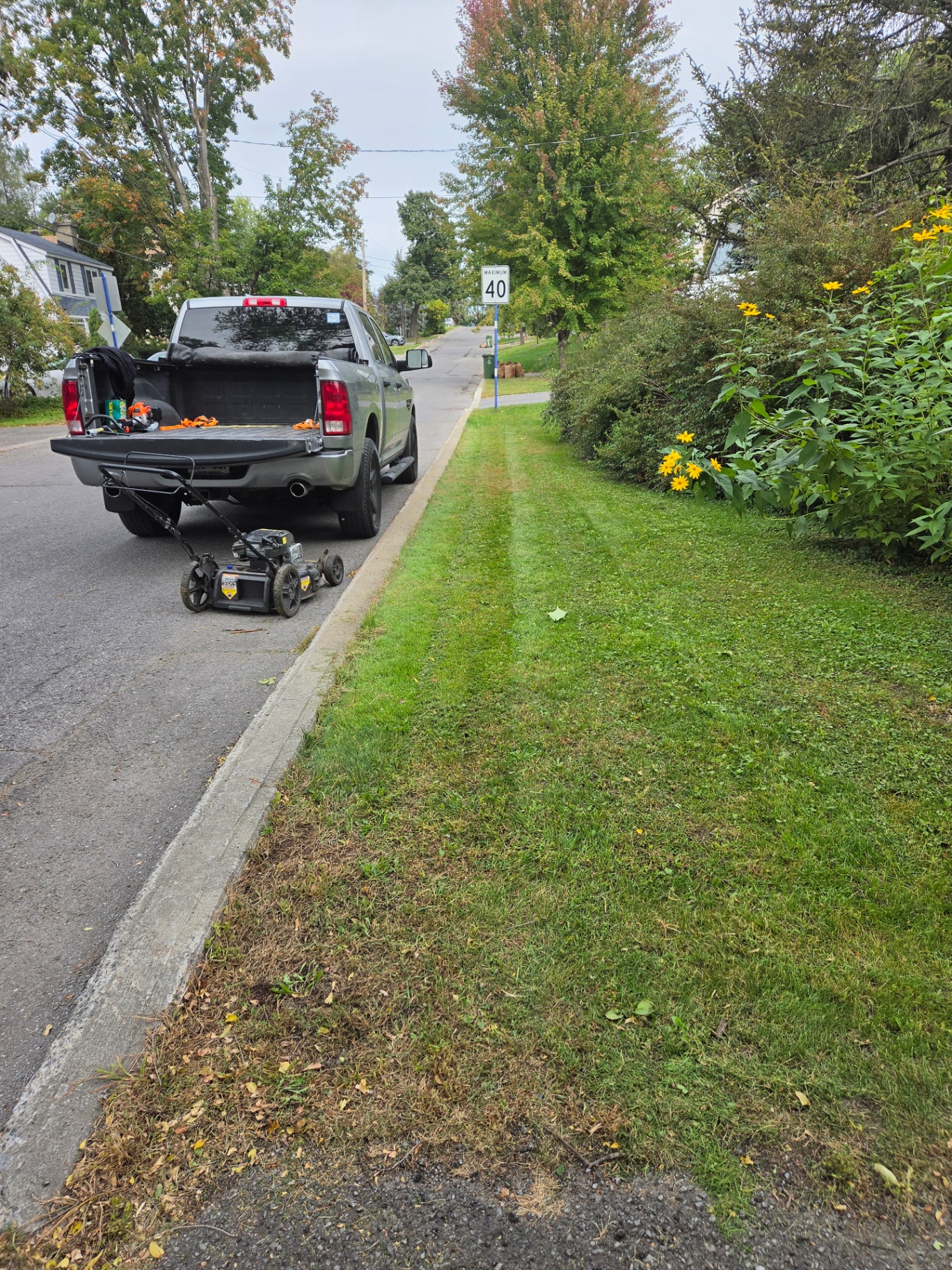 Camion et tondeuse MJ Landscaping près d'une pelouse fraîchement coupée