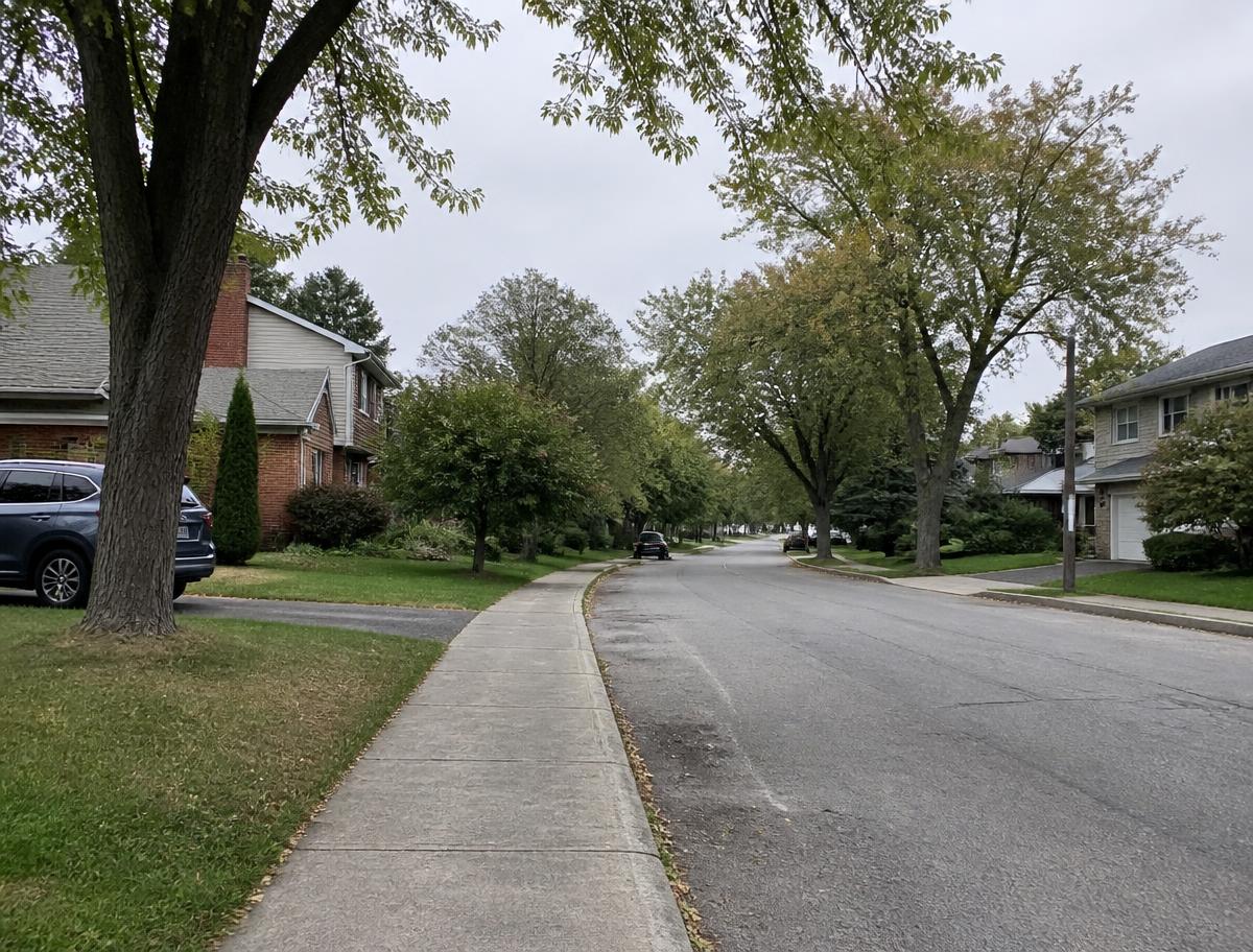 Tree-lined West Island Montreal residential street with well-kept front lawns